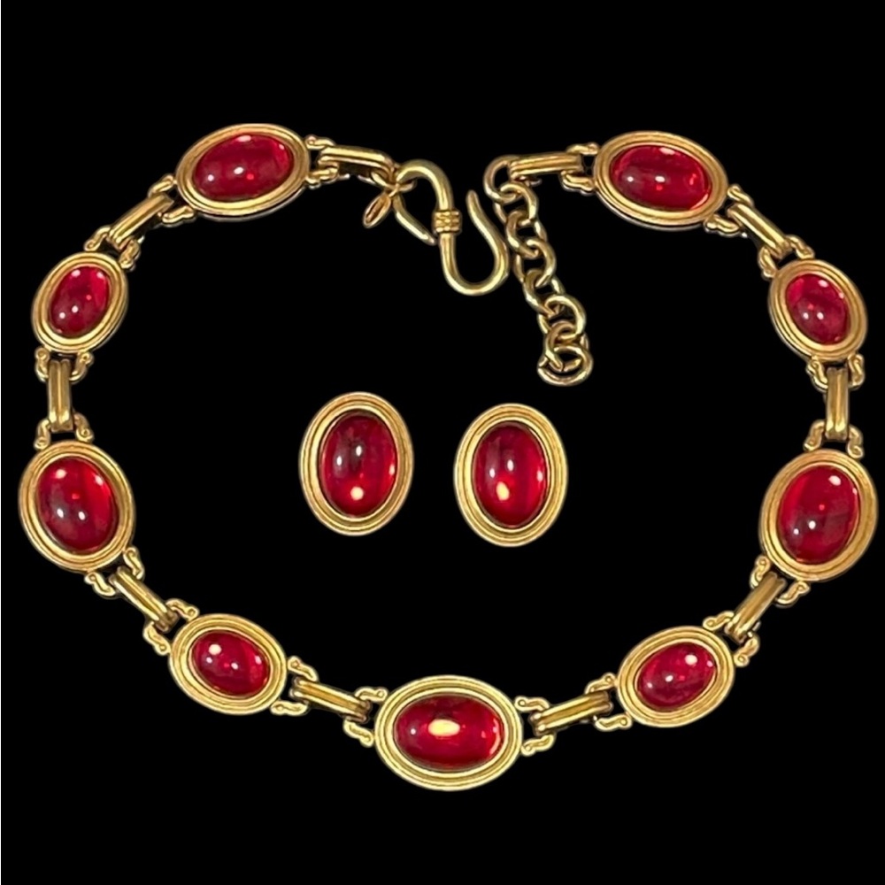 Vintage MONET FOR YSL Necklace & Earrings Gold Plated Red Cabochon Statement Set